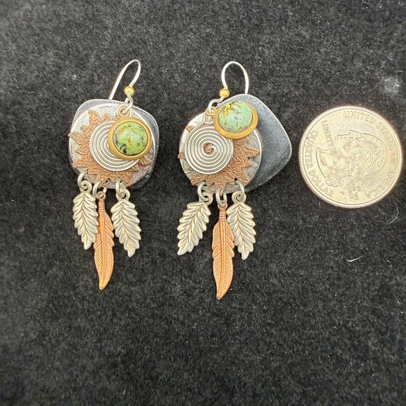 Vintage Handcrafted Green Turquoise & Mixed Metal Feather Drop Earrings - Picture 2 of 2